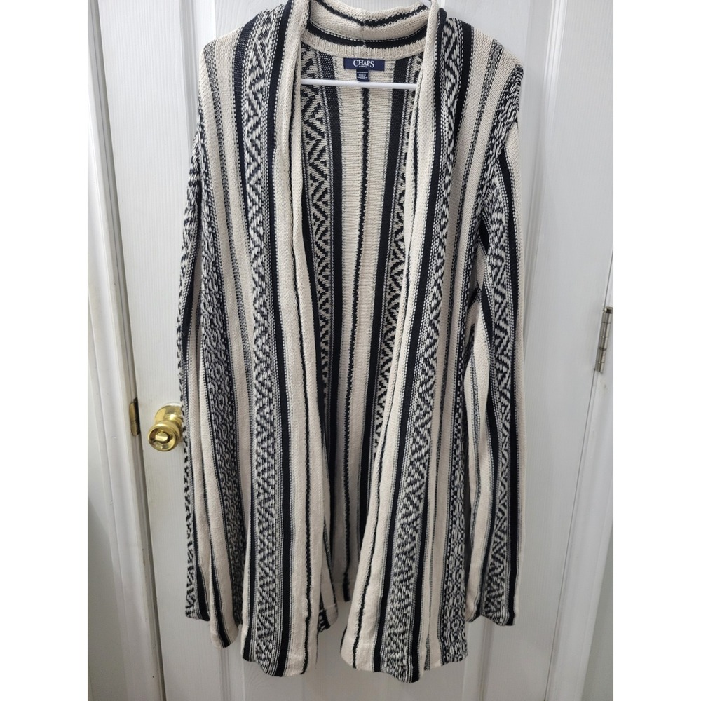 Chaps Denim Womens 3X Cardigan Sweater Open Front Black Cream Stripe Cotton Knit